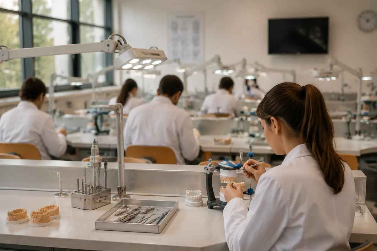 Vue d'ensemble d'un campus universitaire belge francophone par une journée ensoleillée, étudiants en médecine circulant entre les bâtiments