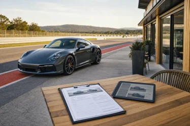 Vue aérienne du circuit de Saint-Laurent-de-Mûre avec plusieurs Porsche GT3 alignées en pit lane