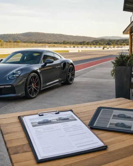 Vue aérienne du circuit de Saint-Laurent-de-Mûre avec plusieurs Porsche GT3 alignées en pit lane