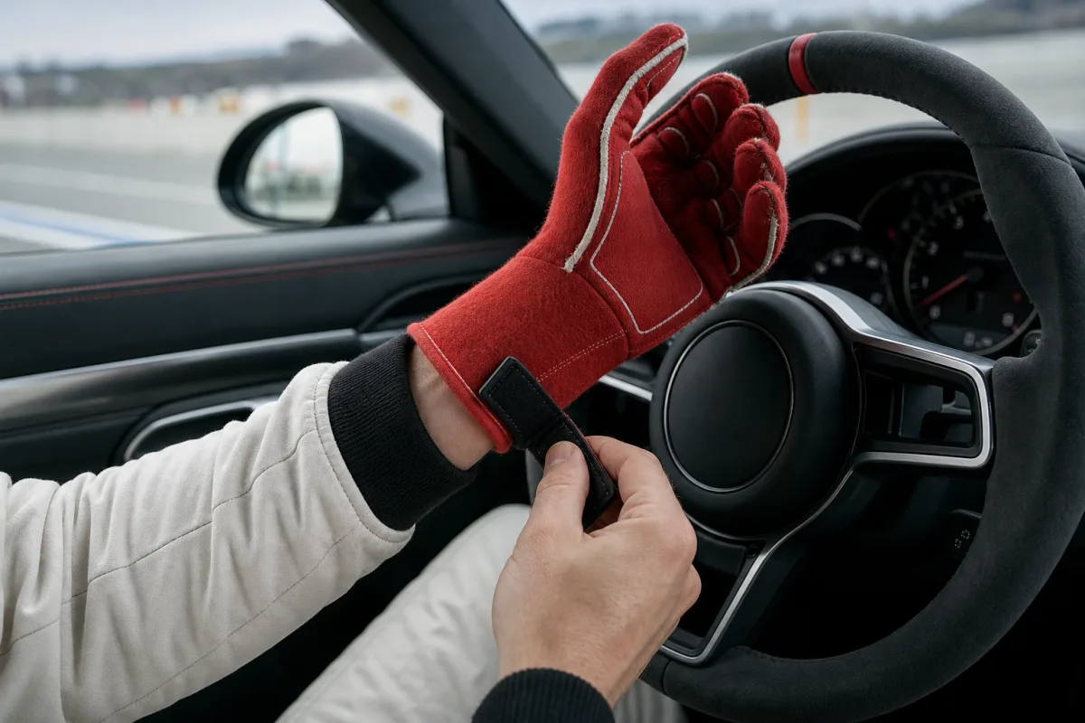 Volant sport et tableau de bord d'une Porsche 992 GT3 RS filmés en gros plan depuis le siège conducteur
