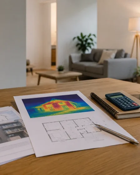 Diagnostiqueur immobilier remettant un rapport énergétique complet à un propriétaire devant une maison ancienne
