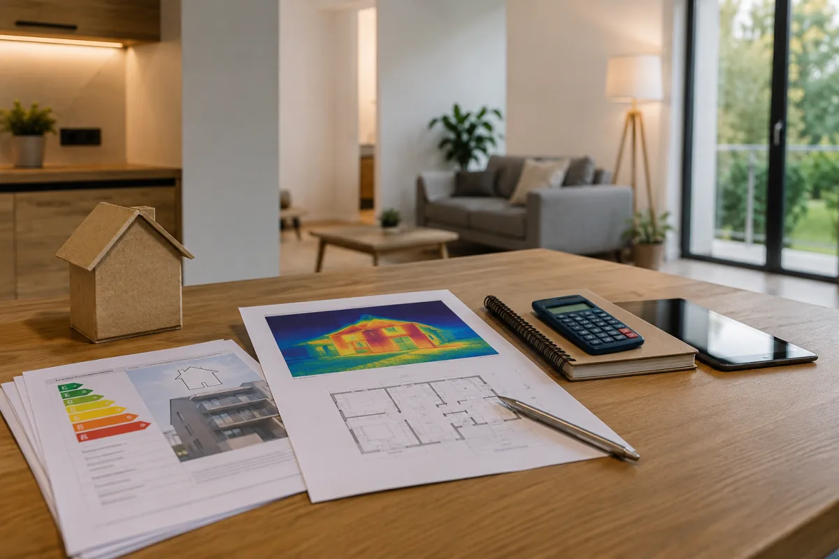 Diagnostiqueur immobilier remettant un rapport énergétique complet à un propriétaire devant une maison ancienne