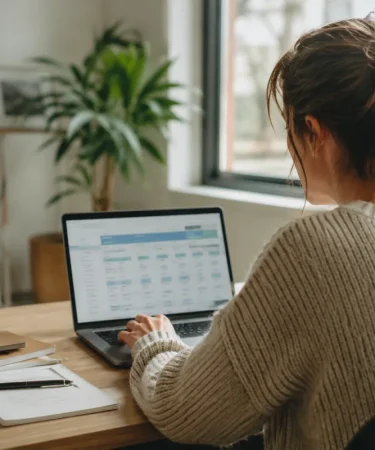 Entrepreneur assis à son bureau face à plusieurs devis de mutuelles santé étalés sur une table