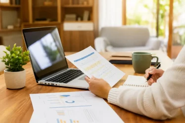 Travailleur indépendant assis à son bureau comparant des offres de mutuelle santé sur son ordinateur portable