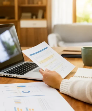 Travailleur indépendant assis à son bureau comparant des offres de mutuelle santé sur son ordinateur portable