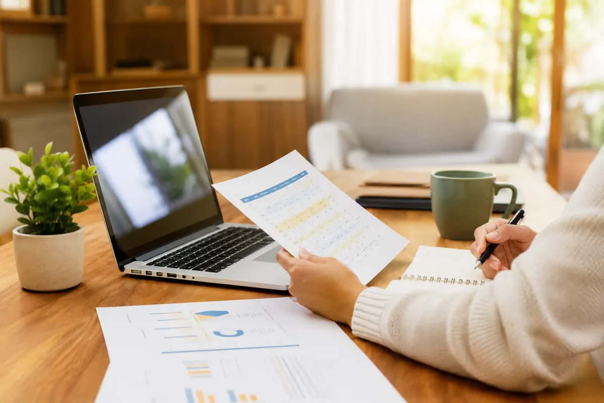 Travailleur indépendant assis à son bureau comparant des offres de mutuelle santé sur son ordinateur portable
