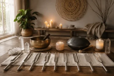 Personne allongée sur un tapis de yoga dans une pièce baignée de lumière naturelle, casque audio posé à côté, ambiance calme et épurée