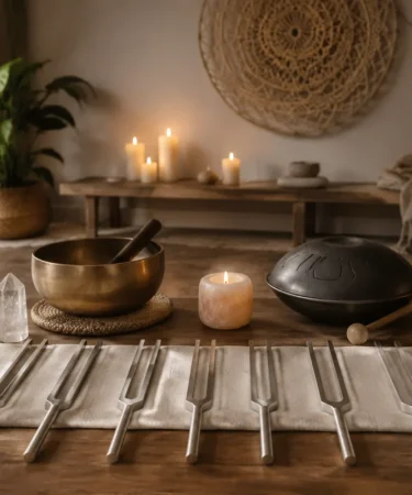 Personne allongée sur un tapis de yoga dans une pièce baignée de lumière naturelle, casque audio posé à côté, ambiance calme et épurée