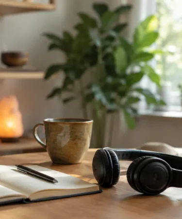 Personne allongée sur un tapis de yoga dans une pièce lumineuse, casque sur les oreilles, en session d'écoute méditative