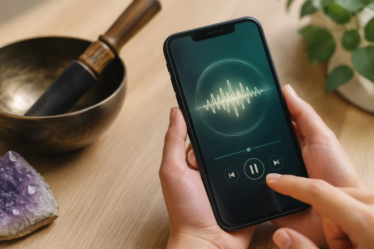 Les bienfaits du 528 Hz : ce que la science dit (et ce qu'elle ne dit pas) Écran d'application audio affichant une onde sonore à 528 Hz en cours de lecture sur smartphone posé sur bureau