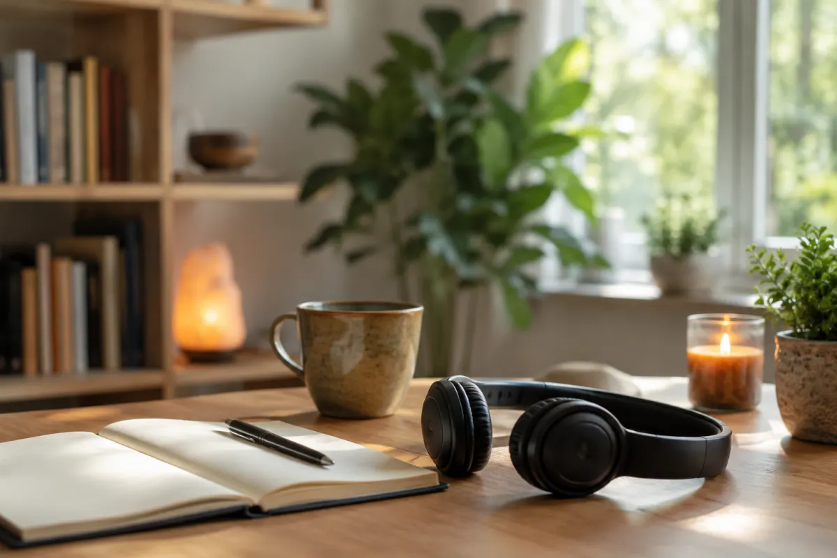 Personne allongée sur un tapis de yoga dans une pièce lumineuse, casque sur les oreilles, en session d'écoute méditative