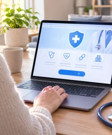 Homme consultant une offre de mutuelle santé sur son ordinateur portable depuis son appartement