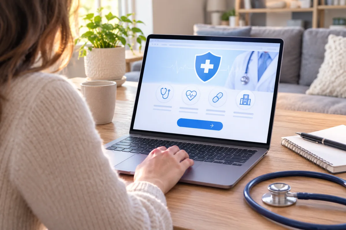 Homme consultant une offre de mutuelle santé sur son ordinateur portable depuis son appartement