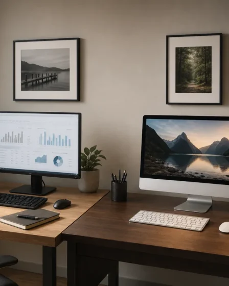 Bureau équipé de deux ordinateurs de marques différentes dans un espace de travail moderne et lumineux