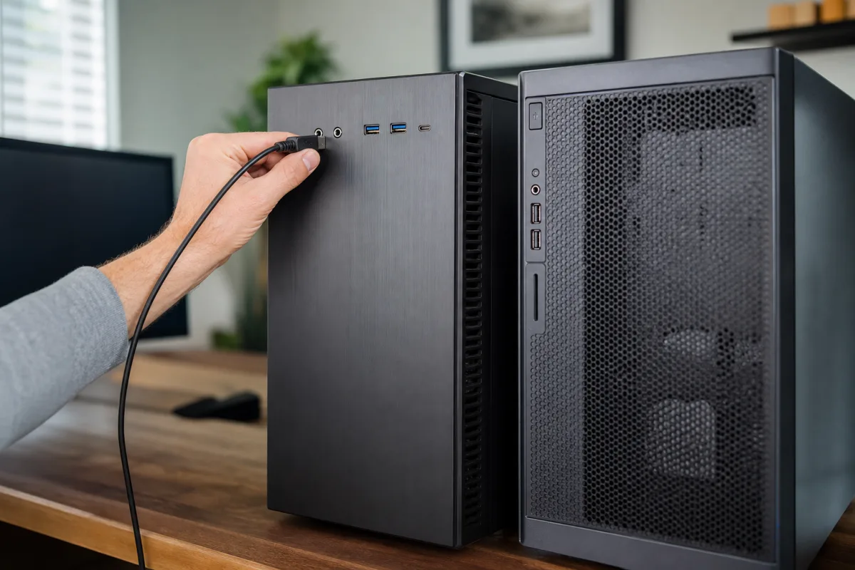 Ordinateur de bureau Dell ou Asus : lequel choisir selon votre usage Gros plan sur les ports et façade avant d'une tour de bureau posée sur un bureau en bois