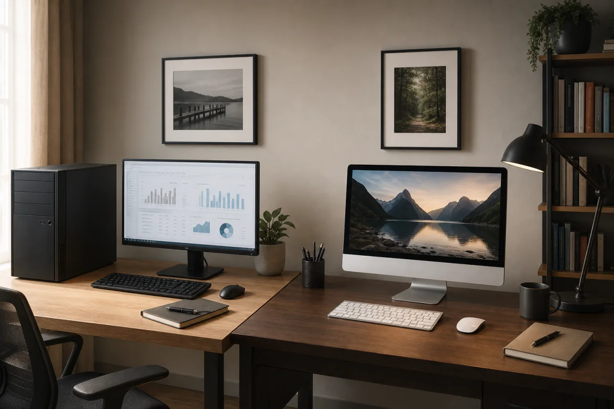 Bureau équipé de deux ordinateurs de marques différentes dans un espace de travail moderne et lumineux