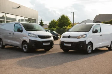 Deux fourgonnettes utilitaires blanches garées côte à côte dans un parking de zone industrielle sous un ciel gris