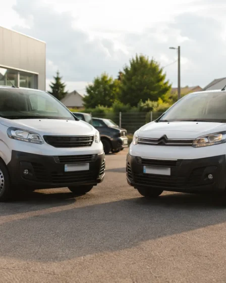 Deux fourgonnettes utilitaires blanches garées côte à côte dans un parking de zone industrielle sous un ciel gris
