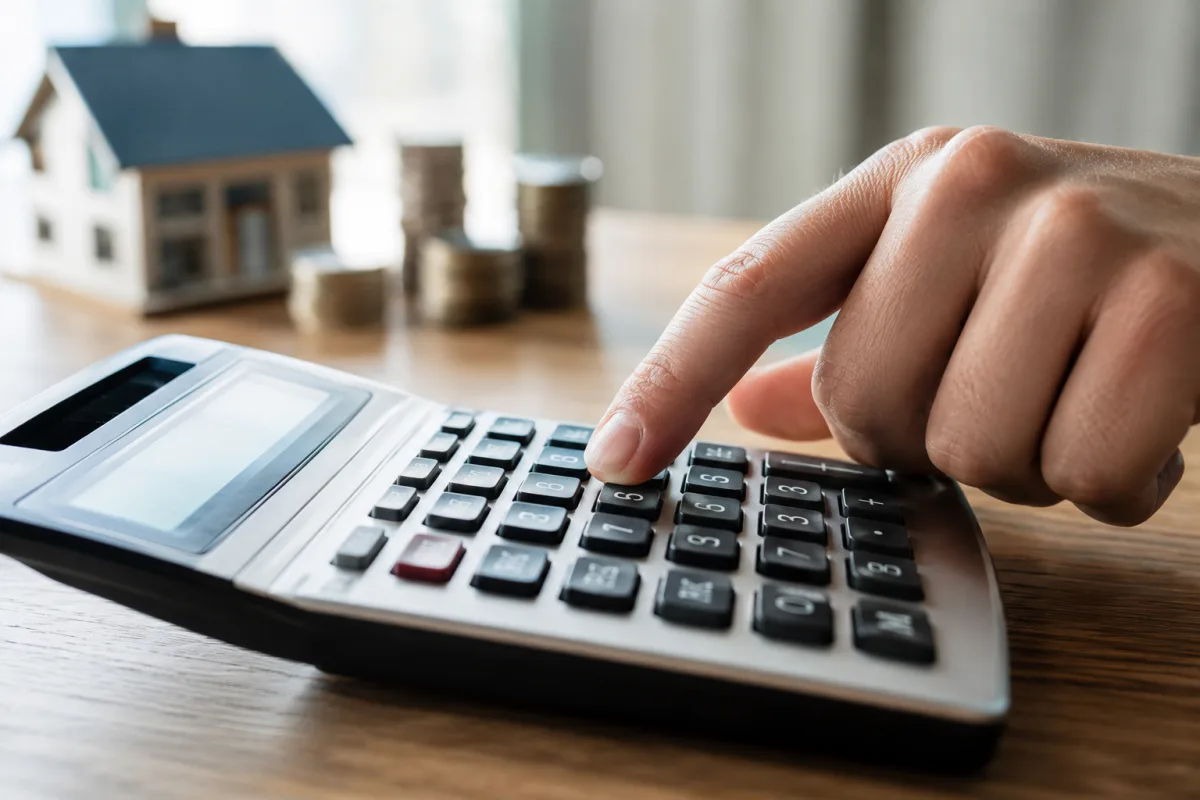 Une main pose un stylo sur un dossier de prêt bancaire posé sur une table en bois