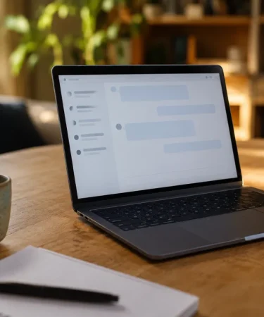 Vue d'ensemble d'une interface de comparaison de chatbots IA affichée sur un écran d'ordinateur portable posé sur un bureau