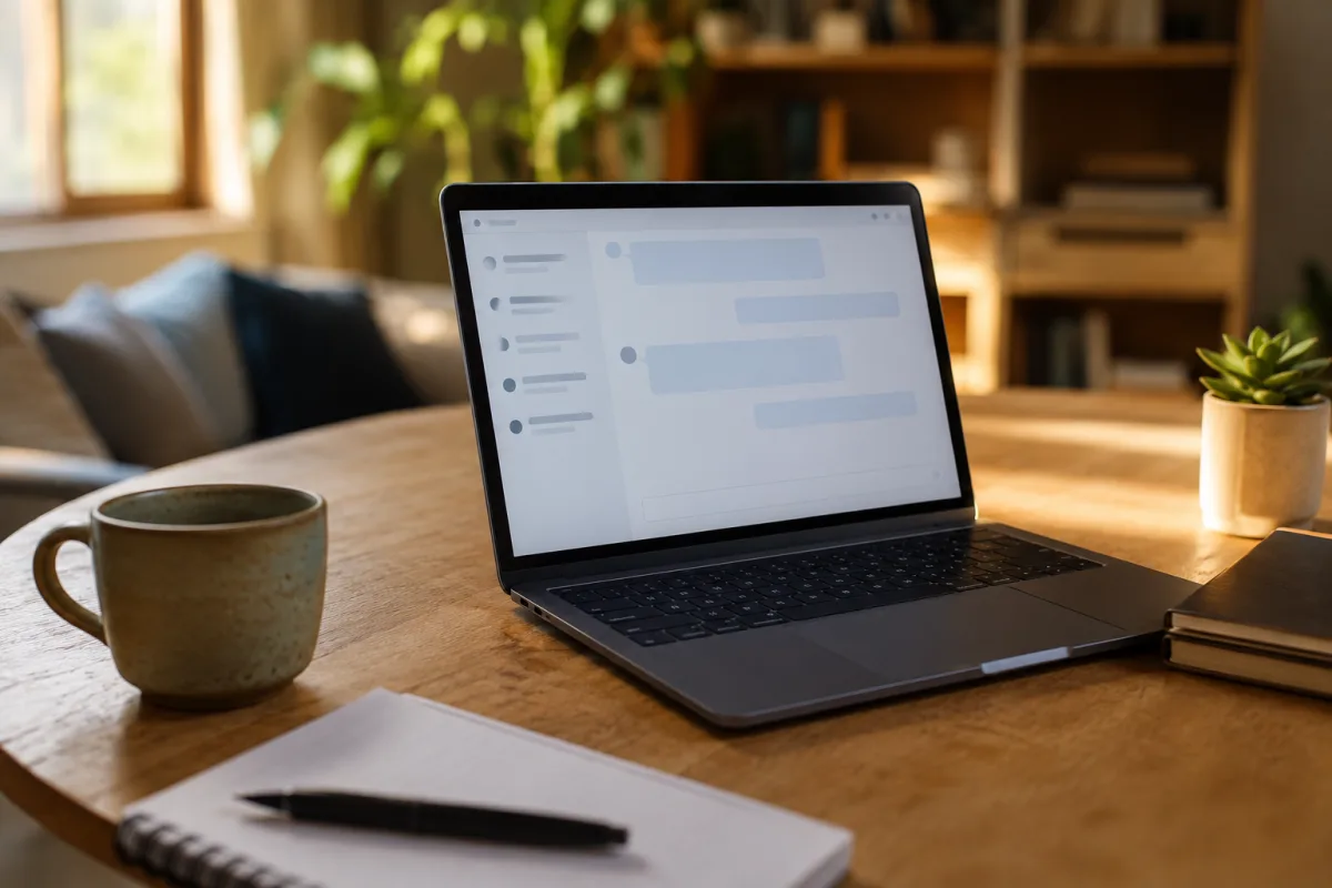 Vue d'ensemble d'une interface de comparaison de chatbots IA affichée sur un écran d'ordinateur portable posé sur un bureau