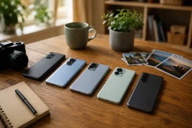 Plusieurs smartphones milieu de gamme posés sur une table en bois, écrans allumés affichant des photos