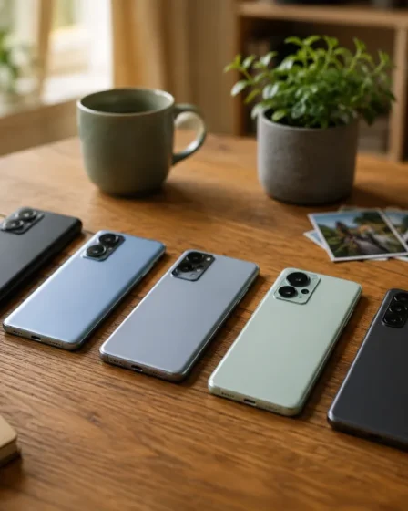 Plusieurs smartphones milieu de gamme posés sur une table en bois, écrans allumés affichant des photos