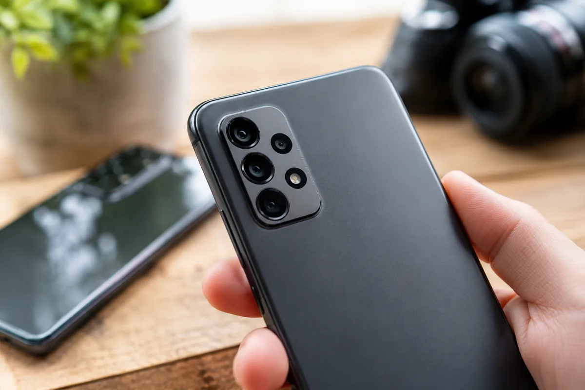 Gros plan sur l'objectif triple capteur d'un smartphone Android orienté vers la lumière naturelle