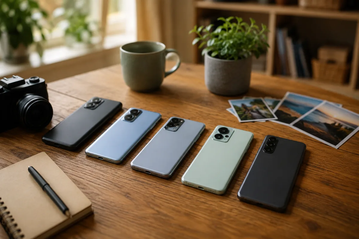 Plusieurs smartphones milieu de gamme posés sur une table en bois, écrans allumés affichant des photos