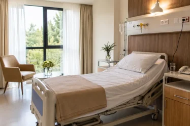 Couloir d'hôpital public avec infirmière poussant un patient en fauteuil roulant vers une chambre individuelle