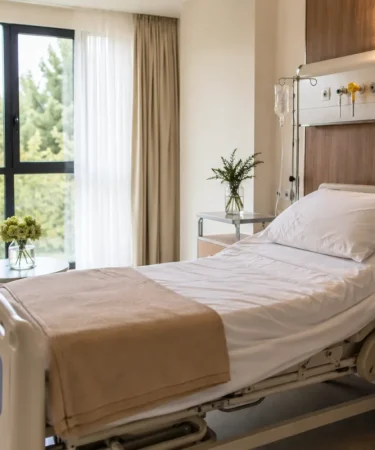 Couloir d'hôpital public avec infirmière poussant un patient en fauteuil roulant vers une chambre individuelle