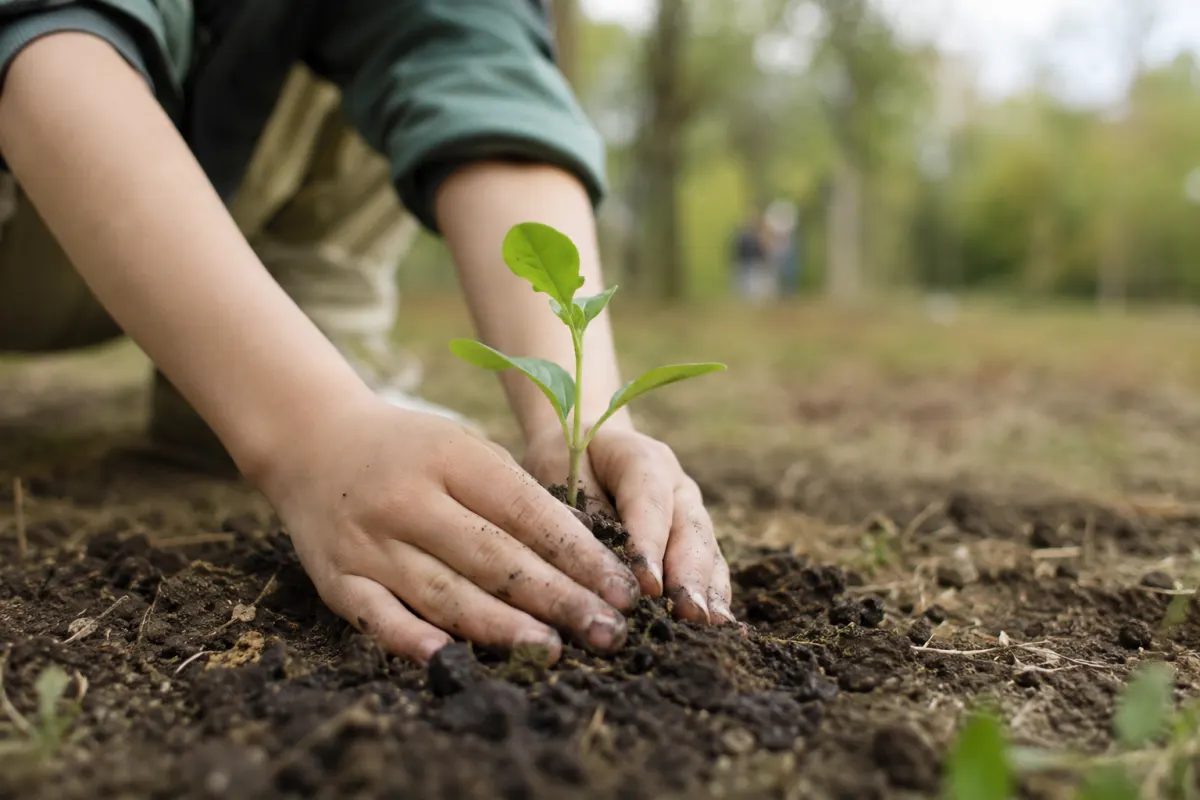 Main tenue au-dessus d'une petite pousse verte plantée dans de la terre fraîche