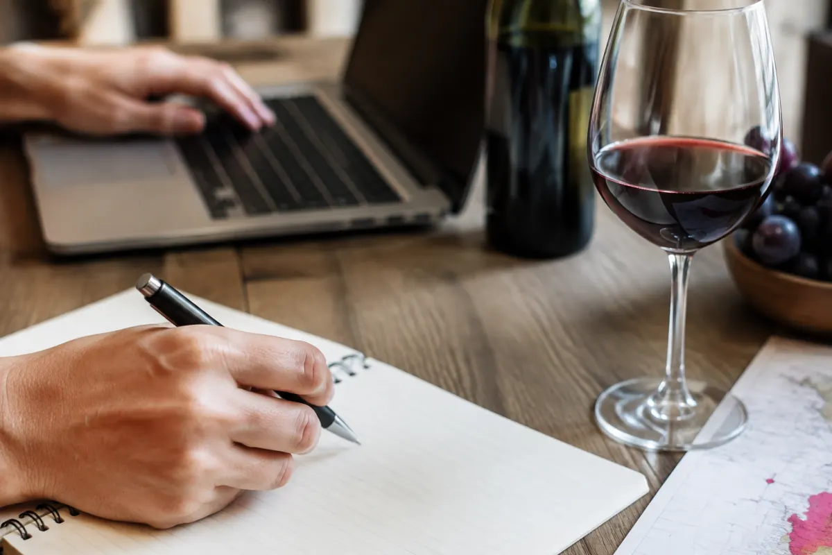 Gros plan sur un verre à pied lors d'un examen de robe de vin rouge