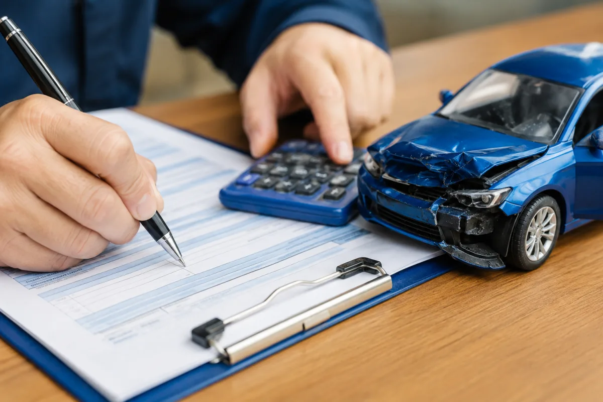 Gros plan sur le rapport d'expertise automobile posé sur le capot froissé d'un véhicule sinistré