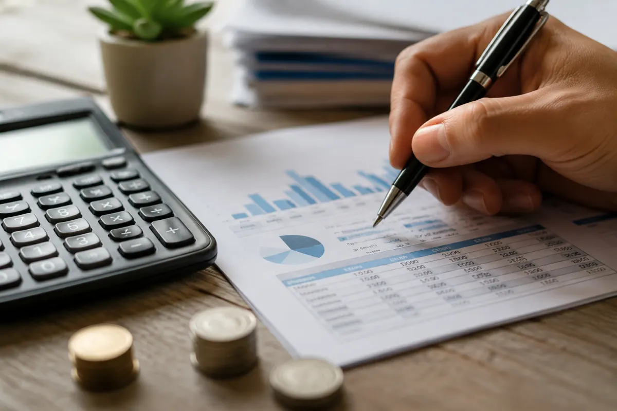 Gros plan sur une calculatrice et un stylo posés sur un bilan comptable d'indépendant