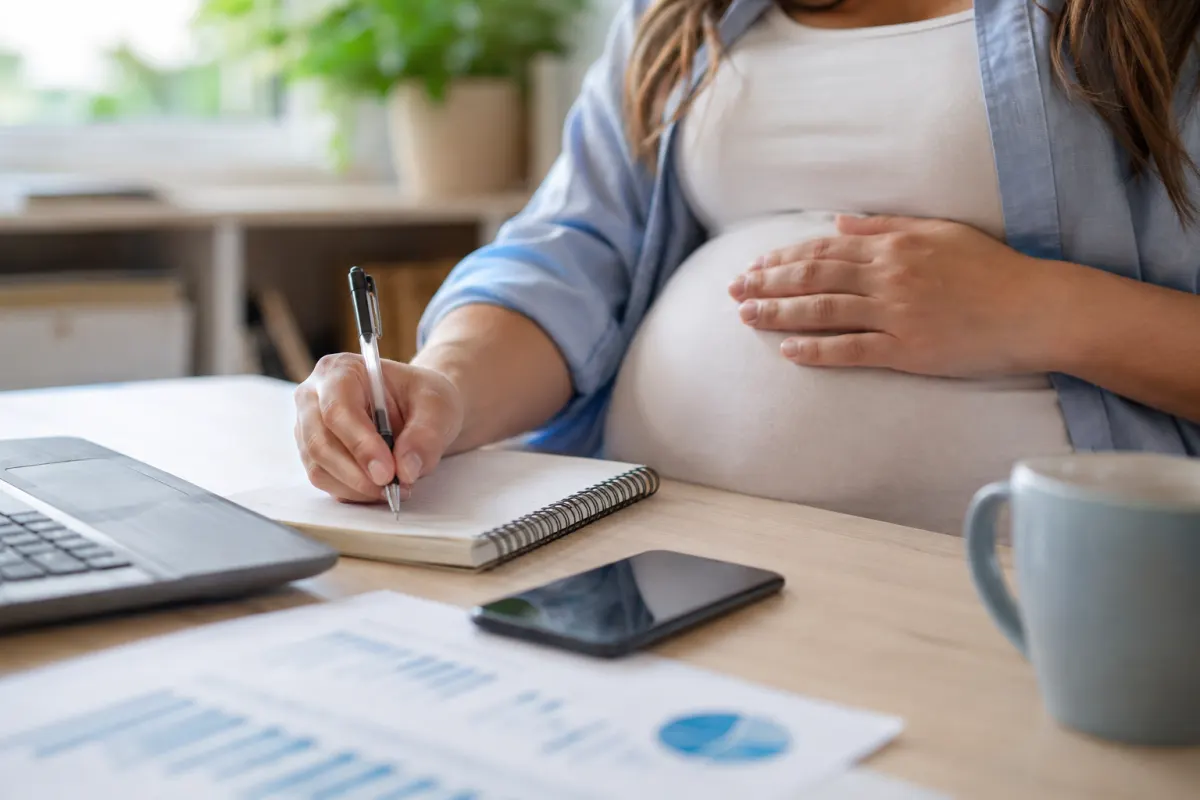 Gros plan sur les mains d'une femme enceinte remplissant un formulaire administratif sur une table en bois