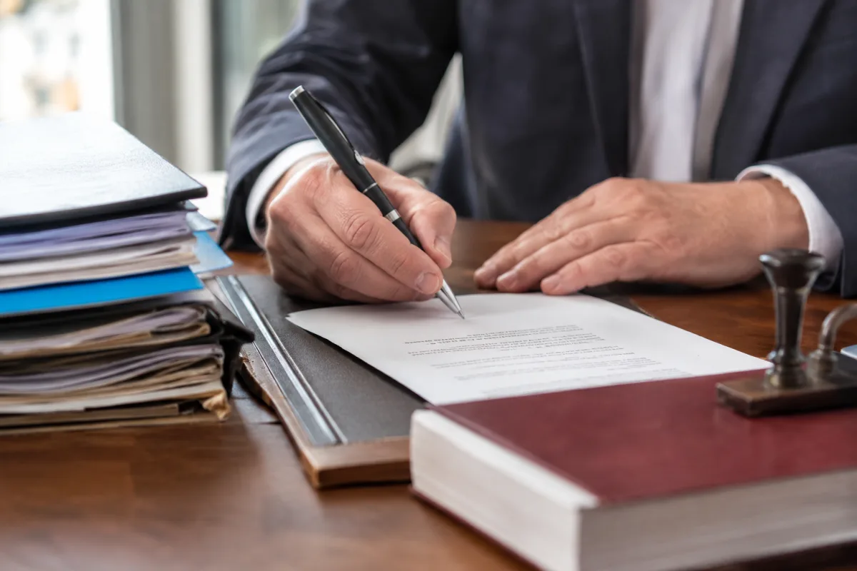 Une main tenant un stylo plume au-dessus d'un acte de notoriété officiel ouvert