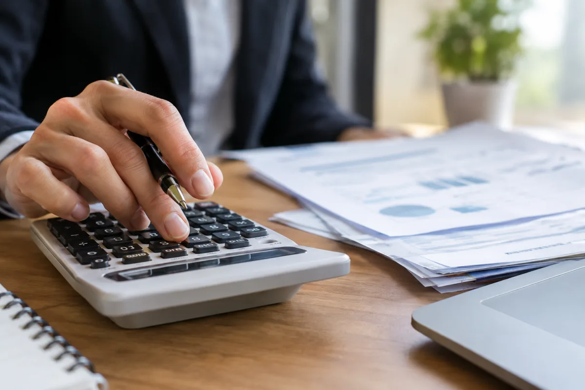 Gros plan sur une calculatrice une pile de factures et un stylo posés sur un dossier financier